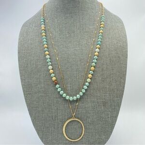 Beaded Necklace Two Strand Seafoam Blue Faceted Crystal Beads Jasper Stone Boho